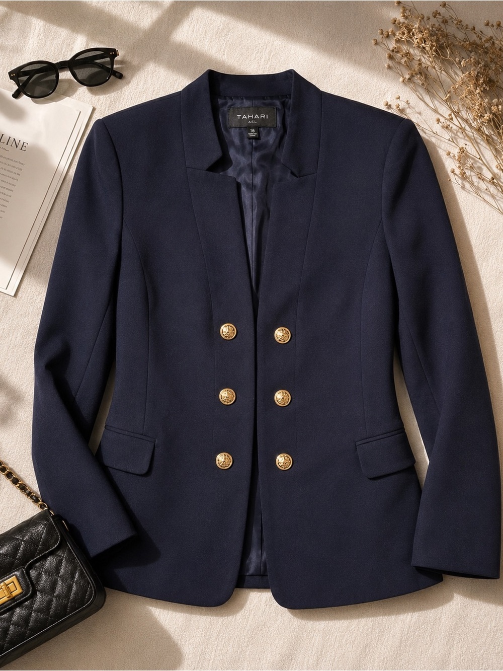 Tahari ASL Navy Faux Double Breasted Blazer Gold Button Jacket NWT Size 16